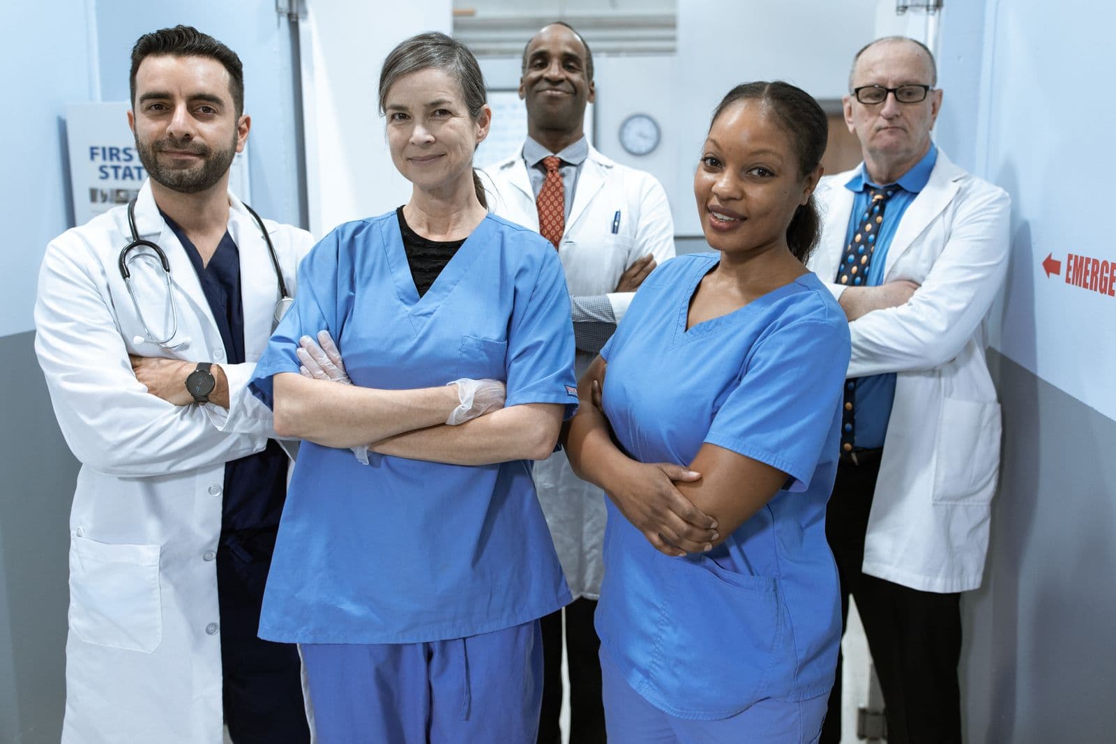 A team of healthcare professionals in a hospital corridor